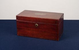 VICTORIAN PLAIN MAHOGANY TEA CADDY with sunk brass carrying handles (mixing bowl absent) 13" (