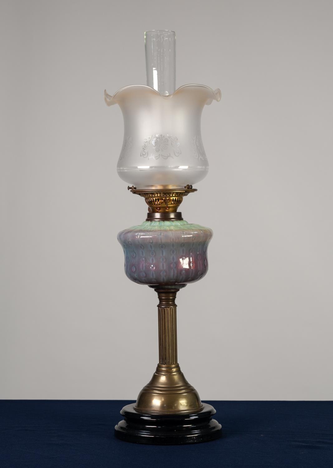 LATE VICTORIAN OIL LAMP with black glazed ceramic base, brass column, moulded opalescent glass