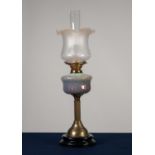 LATE VICTORIAN OIL LAMP with black glazed ceramic base, brass column, moulded opalescent glass