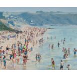 HILARY BURNETT COOPER (MODERN) OIL ON BOARD ?Enjoying Looe? Signed, titled to gallery label verso 17