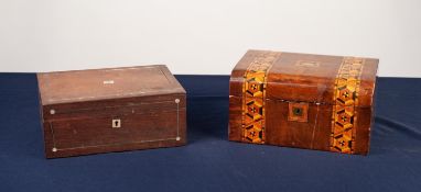 VICTORIAN WALNUT WORK BOX WITH TUNBRIDGE WARE BANDING, of slightly domed form, 11? x 8? (28cm x 20.