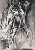 JOY HARRIS (MODERN) BLACK AND WHITE OIL ON CANVAS ?Equestrian Dance? Signed, titled to gallery label