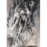 JOY HARRIS (MODERN) BLACK AND WHITE OIL ON CANVAS ?Equestrian Dance? Signed, titled to gallery label