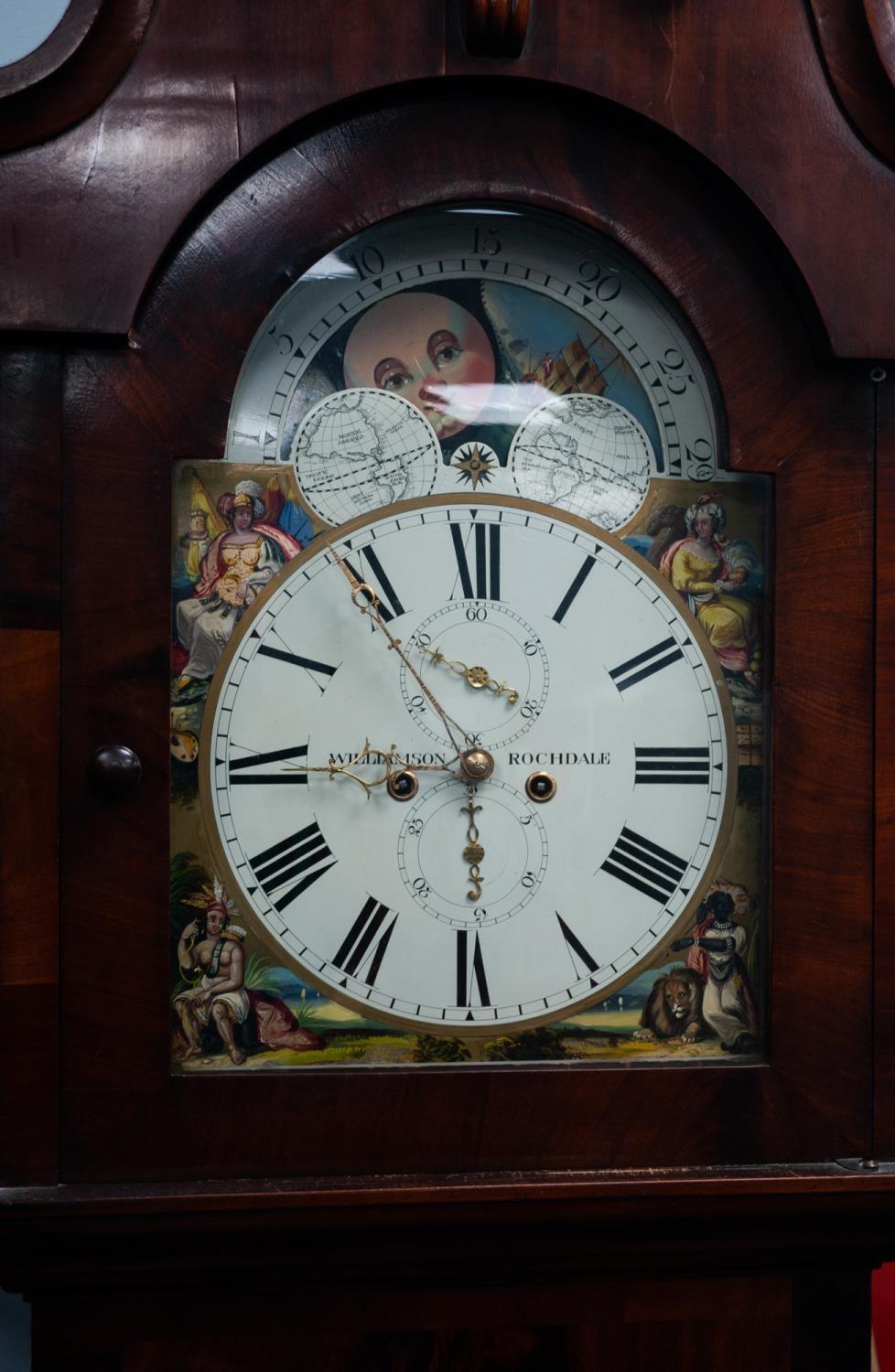 VICTORIAN FIGURED MAHOGANY LONGCASE CLOCK WITH ROLLING MOON PHASE, SIGNED WILLIAMSON, ROCHDALE,