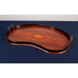 EDWARDIAN INLAID MAHOGANY KIDNEY SHAPED TWO HANDLED TRAY, with oval shell inlay to the centre, 24? x