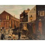 DOUG KEWLEY (1938) OIL ON CANVAS Bygone street scene with two boys boxing in makeshift ring