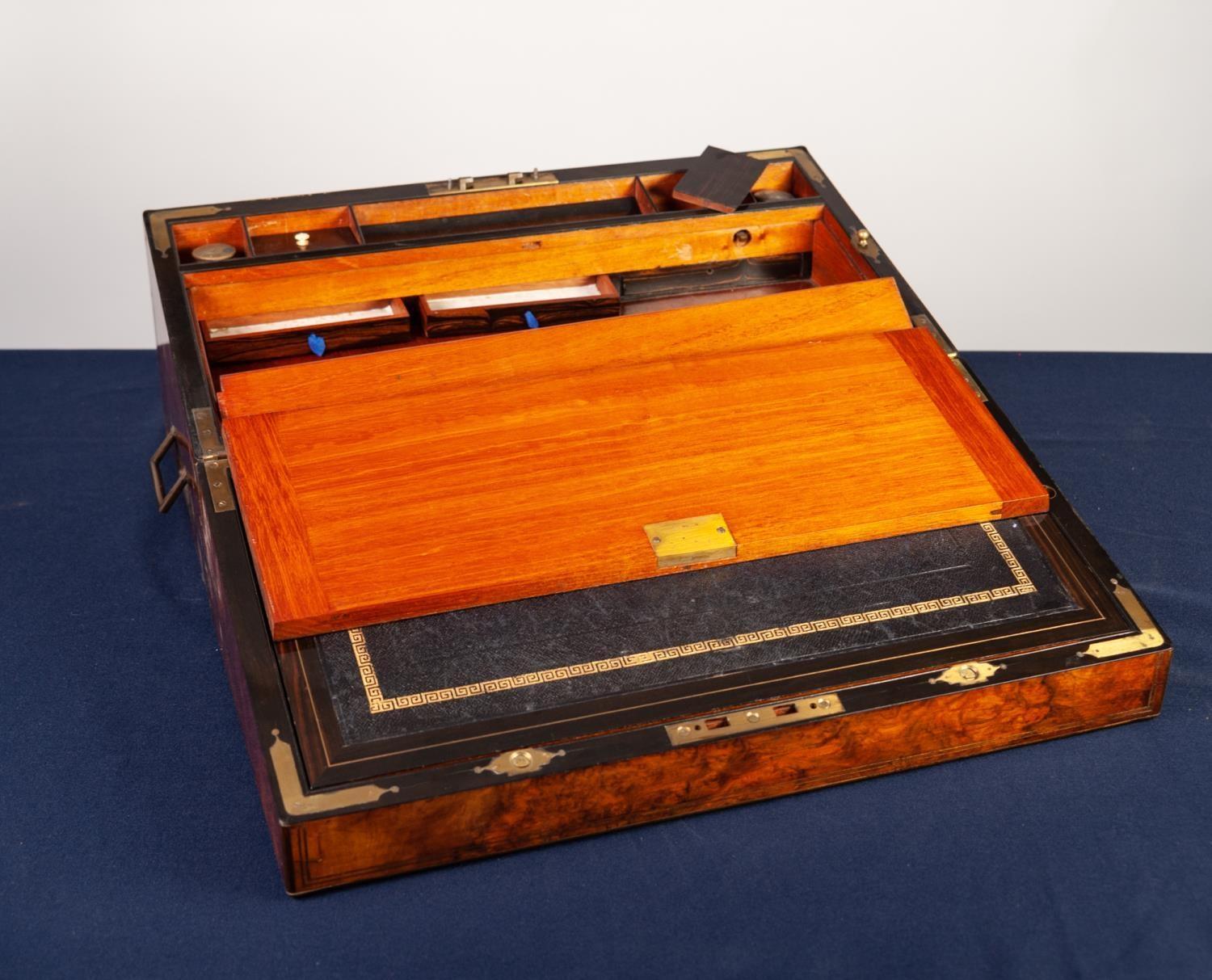 GOOD QUALITY MID VICTORIAN BURR WALNUT AND BRASS BANDED PRESENTATION LARGE PORTABLE WRITING SLOPE, - Image 3 of 3