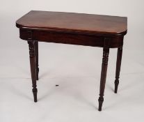 EARLY NINETEENTH CENTURY MAHOGANY TEA TABLE, the rounded oblong, fold-over top above a plain frieze,