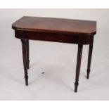 EARLY NINETEENTH CENTURY MAHOGANY TEA TABLE, the rounded oblong, fold-over top above a plain frieze,