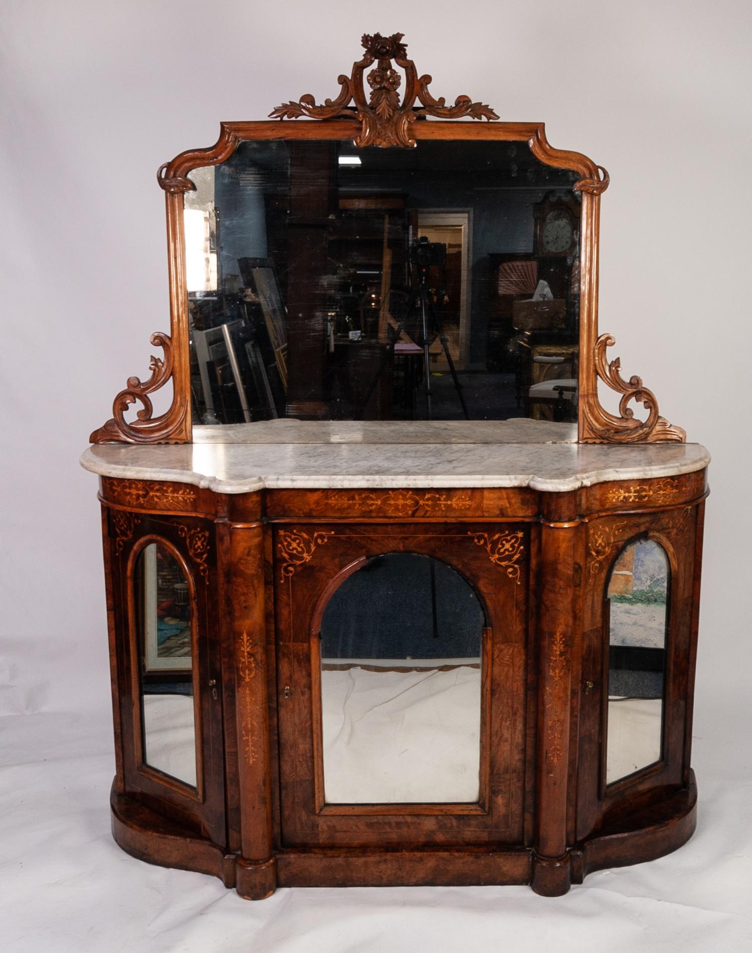VICTORIAN MARQUETRY INLAID FIGURED WALNUT CHIFFONIER WITH WHITE VEINED MARBLE TOP, the shaped to
