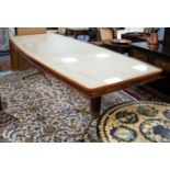 LASZLO HOENIG 1950's RECTANGULAR DINING TABLE, the cream leather lined top having tooled and gilt
