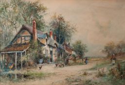 JOSEPH HUGHES CLAYTON (act. 1891-1929) WATERCOLOUR DRAWING Figures outside thatched cottages