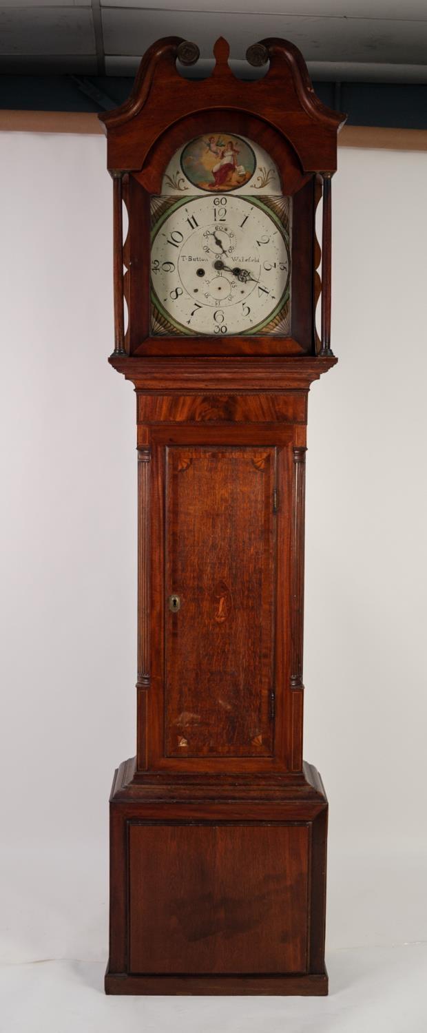 GEORGE III INLAID OAK AND MAHOGANY LONGCASE CLOCK SIGNED T.BUTTON, WAKEFIELD, the re-painted 13?