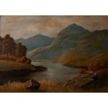 UNATTRIBUTED, EARLY TWENTIETH CENTURY OIL PAINTING ON BOARD Highland lake scene Unsigned 12 ½? x