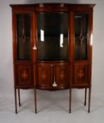 EDWARDIAN LINE INLAID MAHOGANY DISPLAY CABINET, the moulded cornice above a bow fronted centre