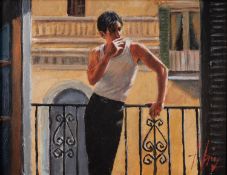 FABIAN PEREZ (b.1967) OIL ON CANVAS ?Smoking Under the Sun? Signed, titled to canvas verso 14? x 18?