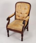 VICTORIAN MAHOGANY EASY OPEN ARMCHAIR OF SMALL PROPORTIONS, the show wood frame with padded back