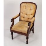 VICTORIAN MAHOGANY EASY OPEN ARMCHAIR OF SMALL PROPORTIONS, the show wood frame with padded back