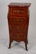 NINETEENTH CENTURY FRENCH LOUIS XV STYLE WANUT AND KINGWOOD NARROW BOMBE COMMODE, with red marble