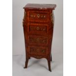 NINETEENTH CENTURY FRENCH LOUIS XV STYLE WANUT AND KINGWOOD NARROW BOMBE COMMODE, with red marble