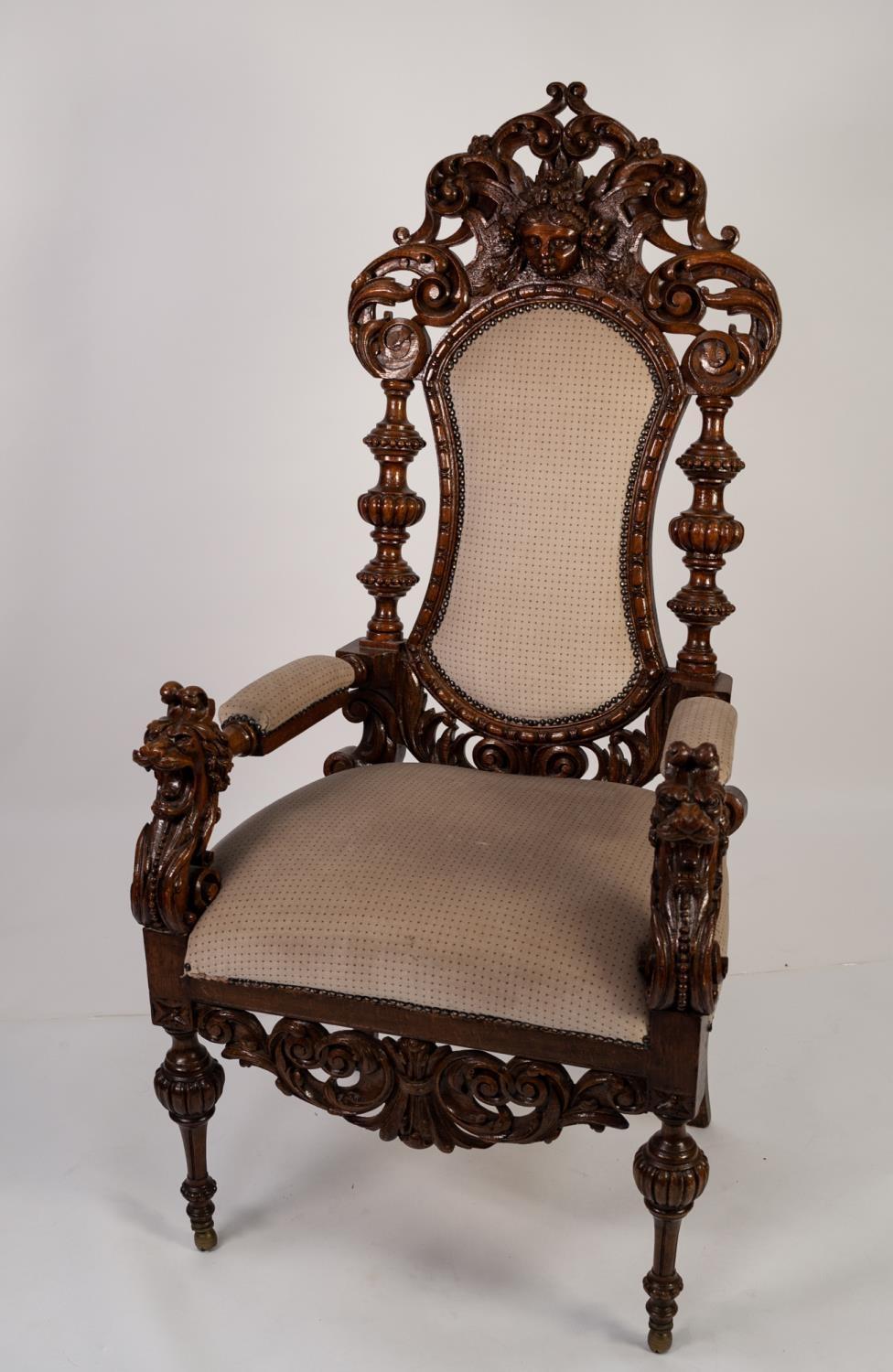 NINETEENTH CENTURY FLEMISH PROFUSELY CARVED OAK CEREMONIAL OPEN ARMCHAIR, in Seventeenth century