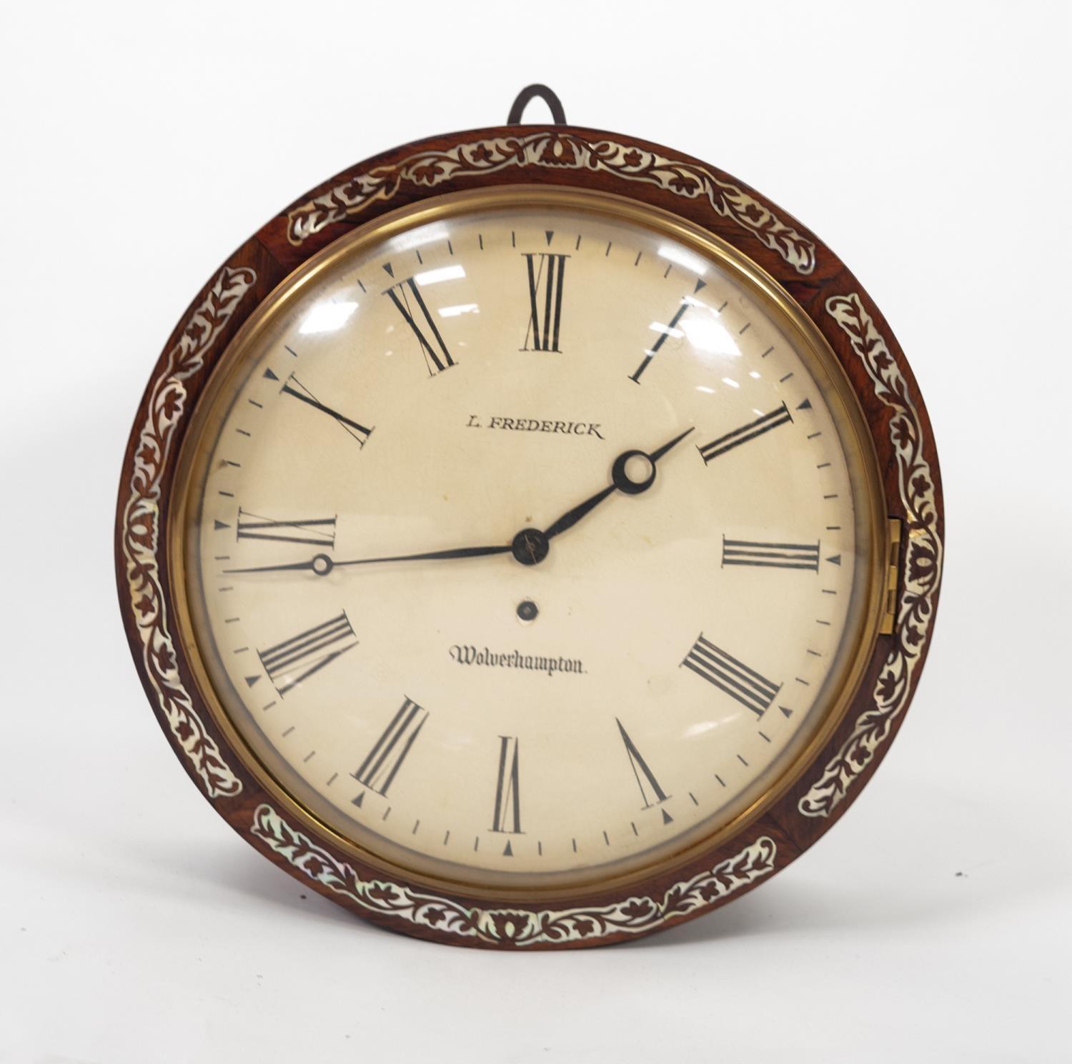 VICTORIAN MOTHER OF PEARL INLAID ROSEWOOD WALL CLOCK, SIGNED L. FREDERICK, WOLVERHAMPTON, the 12?