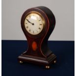 EDWARDIAN LINE INLAID MAHOGANY BALLOON SHAPED MANTLE CLOCK, with 3 ¼? Roman dial, drum shaped key