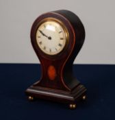 EDWARDIAN LINE INLAID MAHOGANY BALLOON SHAPED MANTLE CLOCK, with 3 ¼? Roman dial, drum shaped key