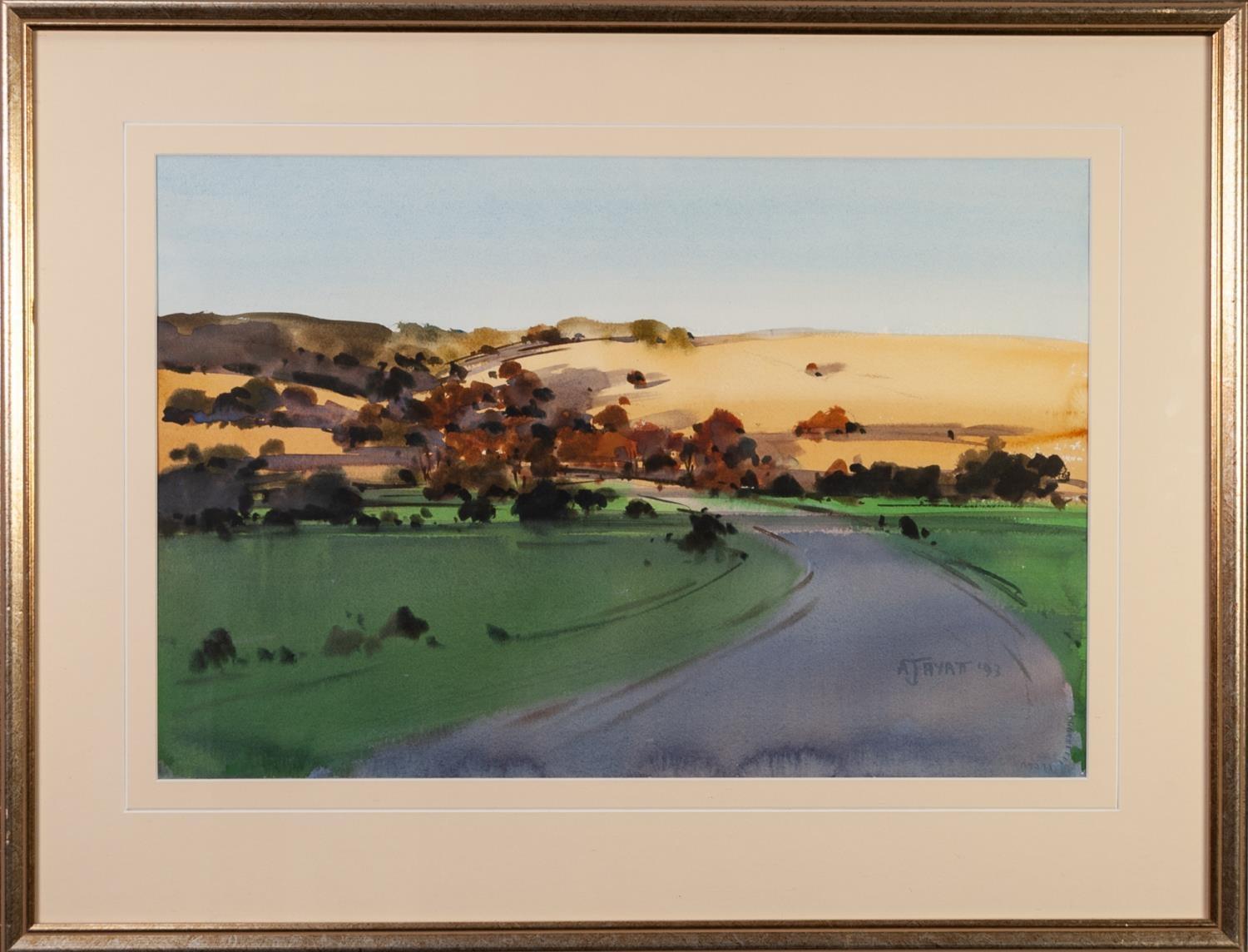 AMANDA HYATT (TWENTIETH/ TWENTY FIRST CENTURY) WATERCOLOUR Landscape with hills in the distance - Image 2 of 2