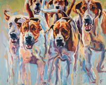 JOY HARRIS (MODERN) OIL ON CANVAS ?Jamboree? pack of hounds Signed, titled to gallery label verso