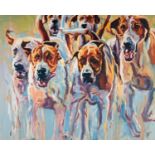 JOY HARRIS (MODERN) OIL ON CANVAS ?Jamboree? pack of hounds Signed, titled to gallery label verso