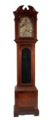 EDWARDIAN INLAID MAHOGANY LONGCASE CLOCK, the 9 ½? brass dial with silvered chapter ring, matted