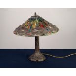 MODERN TIFFANY STYLE TABLE LAMP, the patinated metal base cast with dragonflies, and the matching,