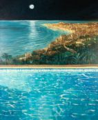 RICHARD WOOD OIL PAINTING ON CANVAS View to Malaga from villa with infinity pool in the