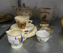 SADLERS POTTERY TEAPOT; MYOTT POTTERY 1930S CREAM JUG AND SUGAR BASIN, PRINTED WITH FLOWERS;