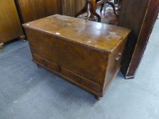 19TH CENTURY MAHOGANY CHEST WITH LIFT-UP TOP, TWO DRAWERS BELOW, END BRASS HANDLES