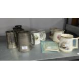 FIVE POTTERY MASONIC PINT TANKARDS, FOUR PEWTER PINT TANKARDS AND MASONIC RELATED BOOKS AND