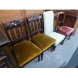 A PAIR OF EDWARDIAN SINGLE CHAIRS WITH UPHOLSTERED SEATS, MAHOGANY BALLOON BACK CHAIR (A.F.) AND