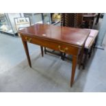 A MAHOGANY GOOD QUALITY CARD TABLE WITH FLIP TOP AND LONG DRAWER BELOW, RAISED ON SQUARE  TAPERING