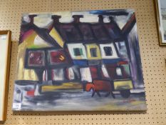 C.CLARK (MODERN) OIL ON CANVAS Stylised street scene with horse and cart Signed 19 ½? x 23 ½?