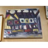 C.CLARK (MODERN) OIL ON CANVAS Stylised street scene with horse and cart Signed 19 ½? x 23 ½?