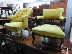 AN EDWARDIAN TUB SHAPED ARMCHAIR, HAVING FANCY FRAMEWORK AND AN UPHOLSTERED ARMCHAIR WITH BUTTON