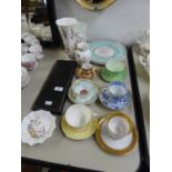 FOUR PIECES OF AYNSLEY BONE CHINA, A SELECTION OF TEA CUPS AND SAUCERS, A CASED PAIR OF