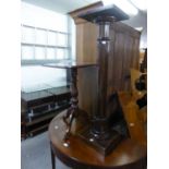 MAHOGANY PLANT STAND, ON SQUARE BASE AND COLUMN AND A MAHOGANY TRIPOD OCCASIONAL TABLE