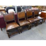 A SET OF FOUR 1930's OAK DINING CHAIRS, WITH LEATHER OVERSTUFFED SEATS AND STUDDED FINISH, LEATHER
