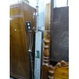 LARGE WOODEN CURTAIN POLE (AS NEW, BOXED), OUTDOOR UMBRELLA (BOXED), CHROME FREE STANDING STANDARD