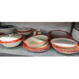 TWENTY ONE PIECES OF MIDWINTER STYLECRAFT WARE RED AND WHITE VIZ, TWO TUREENS PLATES, SAUCE BOAT,