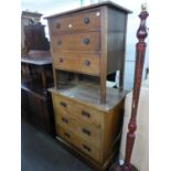 A SOLID OAK THREE DRAWER CHEST OF DRAWERS AND A SMALLER OAK THREE DRAWER CHEST (2)