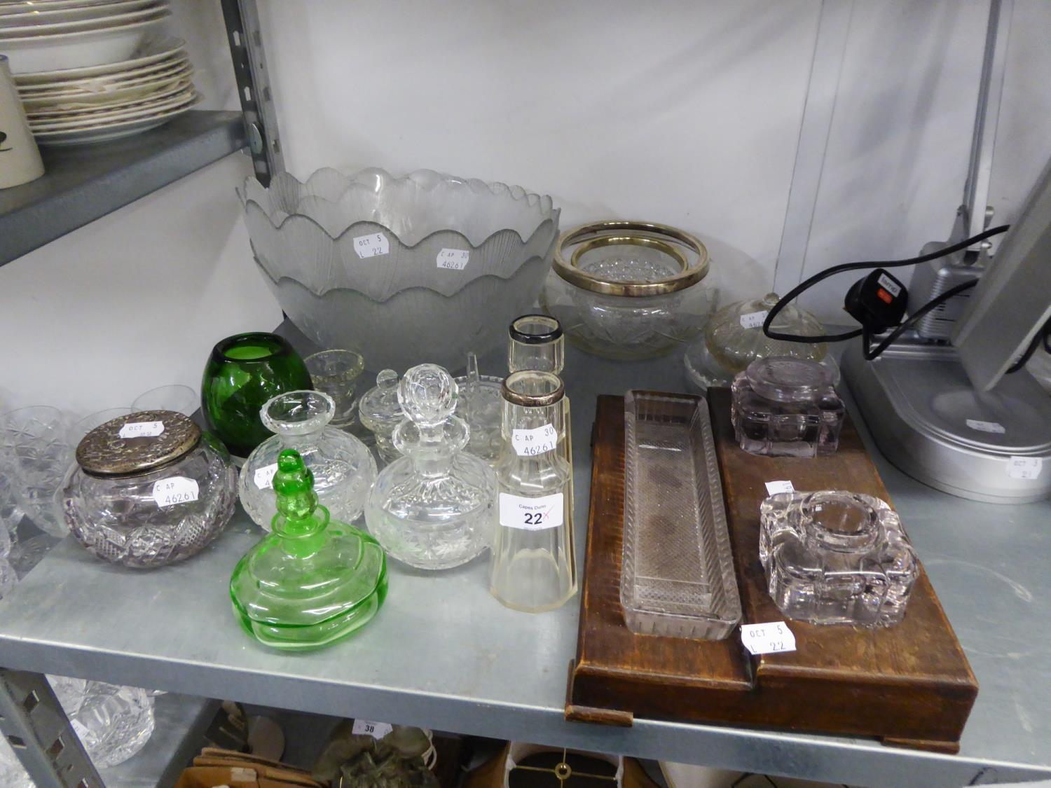 TWO BUD VASES WITH SILVER COLLAR TOPS, VARIOUS BOWLS, WOODEN DESK STAND WITH TWO GLASS INKWELLS