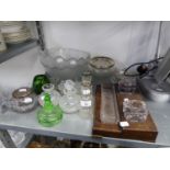 TWO BUD VASES WITH SILVER COLLAR TOPS, VARIOUS BOWLS, WOODEN DESK STAND WITH TWO GLASS INKWELLS